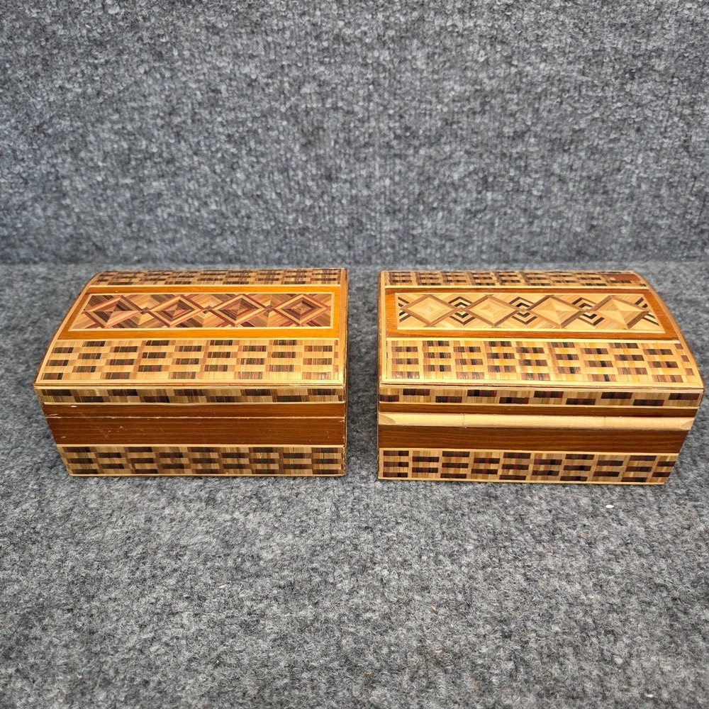 2 Vintage‎ Hand Carved Wooden Trinket Box with Straw Ornament USSR RUSSIA